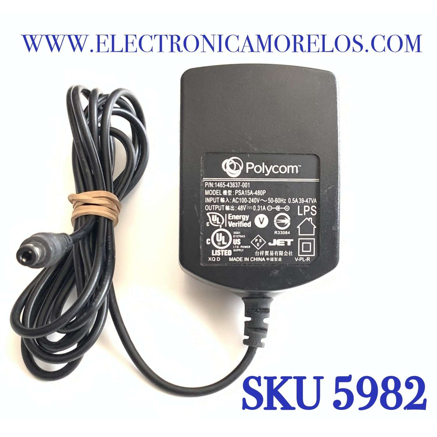 CARGADOR / ADAPTADOR DE FUENTE DE ALIMENTACION POLYCOM VCA-VCD / NUMERO DE PARTE 1465-43637-001 / ENTRADA VCA AC100V-240V~ 50-60HZ 0.5A 39-47VA / SALIDA VCD 48V 0.31A / MODELO PSA15A-480P